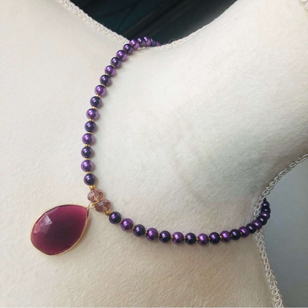 Handcrafted repurpose framed purple raindrop pendant Czech glass Pearl necklace